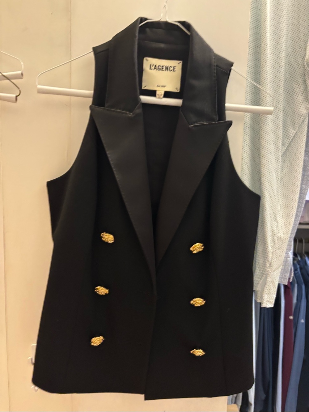 L'AGENCE Black Sleeveless Double-Breasted Blazer Vest with Gold Buttons
